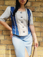 Load image into Gallery viewer, 90s vintage handmade Milkmaid denim linen laces blouse top

