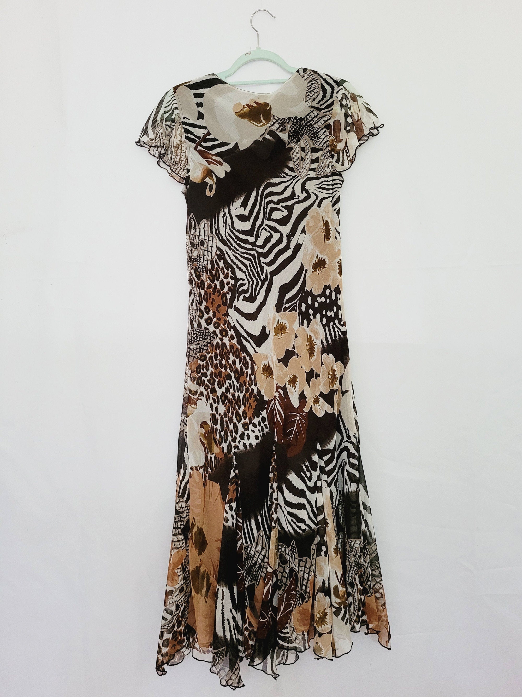 Retro 90s brown abstract print sequin occasional midi dress