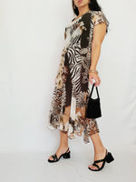 Load image into Gallery viewer, Retro 90s brown abstract print sequin occasional midi dress
