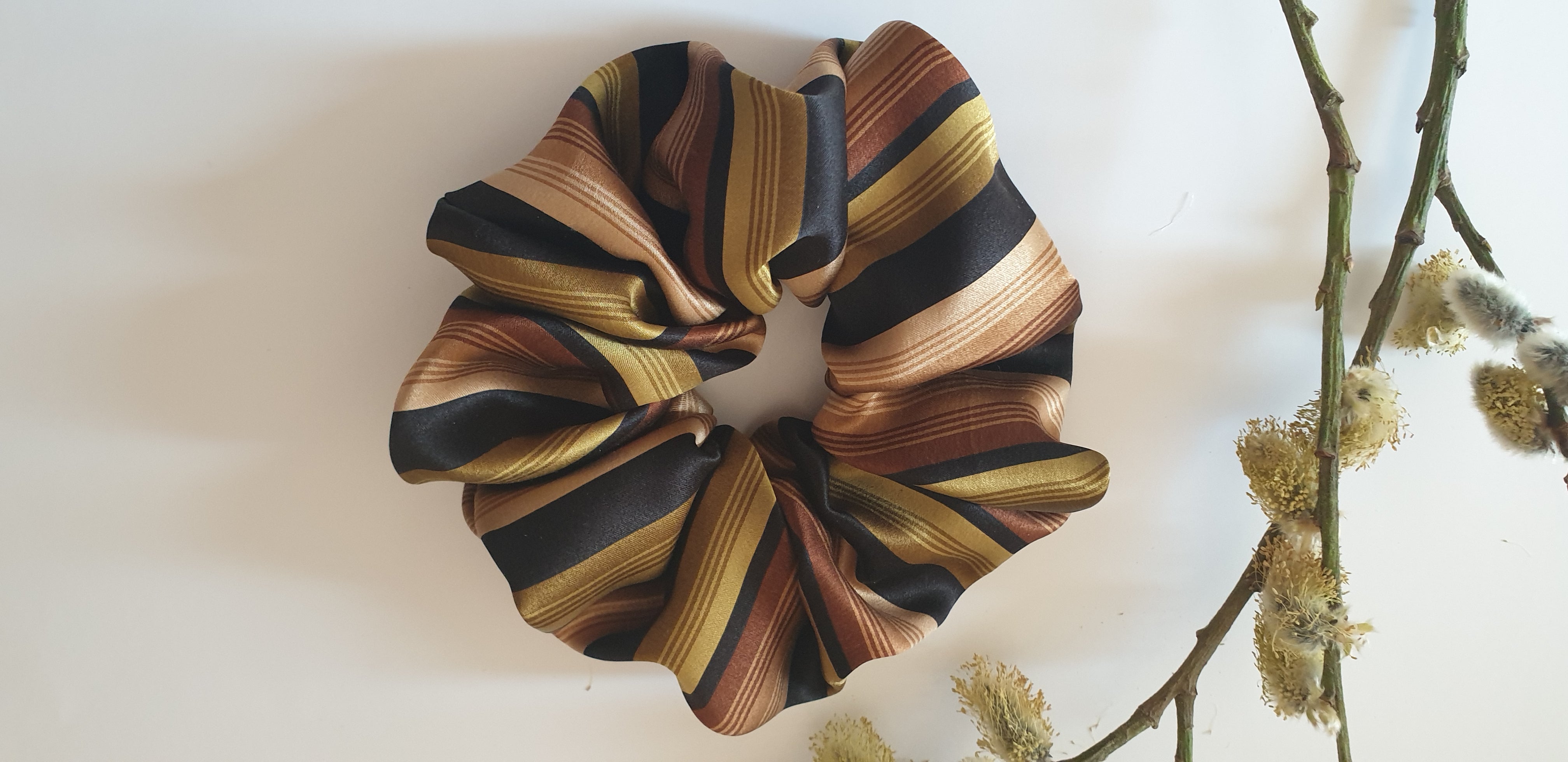 100% SILK Handmade BIG colored striped hair scrunchy