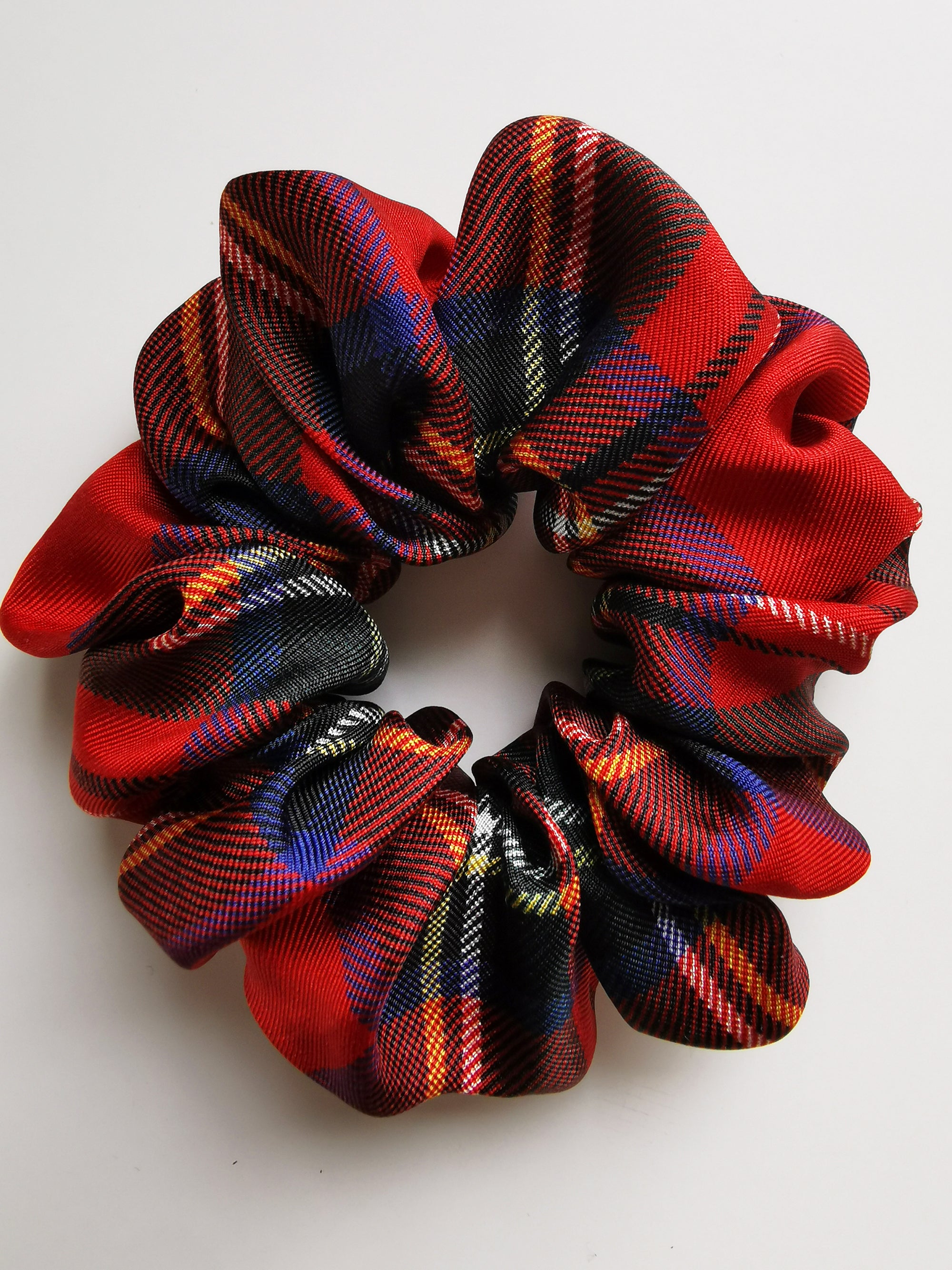 Handmade 90s style medium red Tartan plaid 100% SILK scrunchy