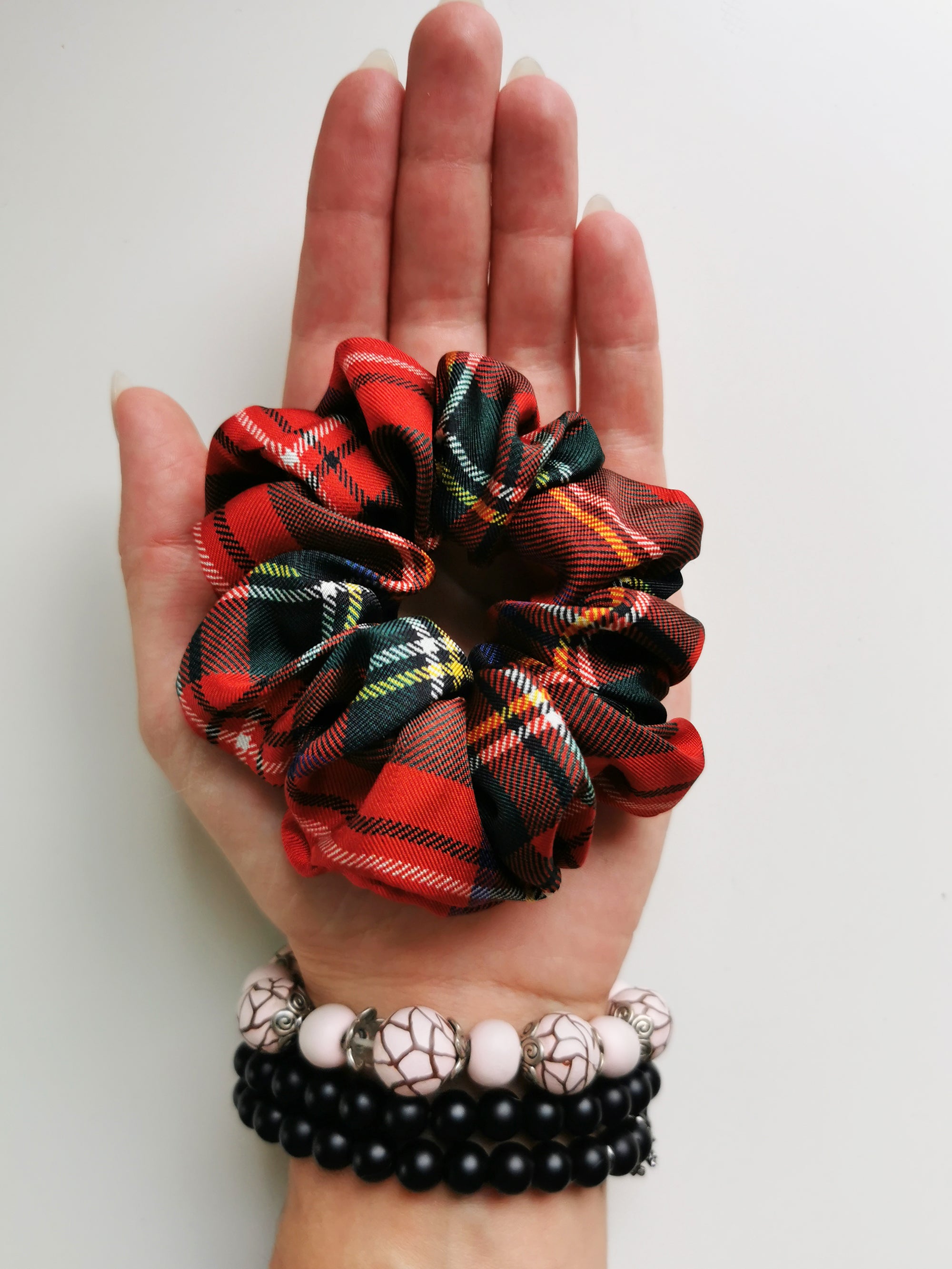 Handmade 2 pieces red Tartan hair Scrunchy & Headband set 100% silk