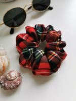 Load image into Gallery viewer, Handmade 90s style medium red Tartan plaid 100% SILK scrunchy
