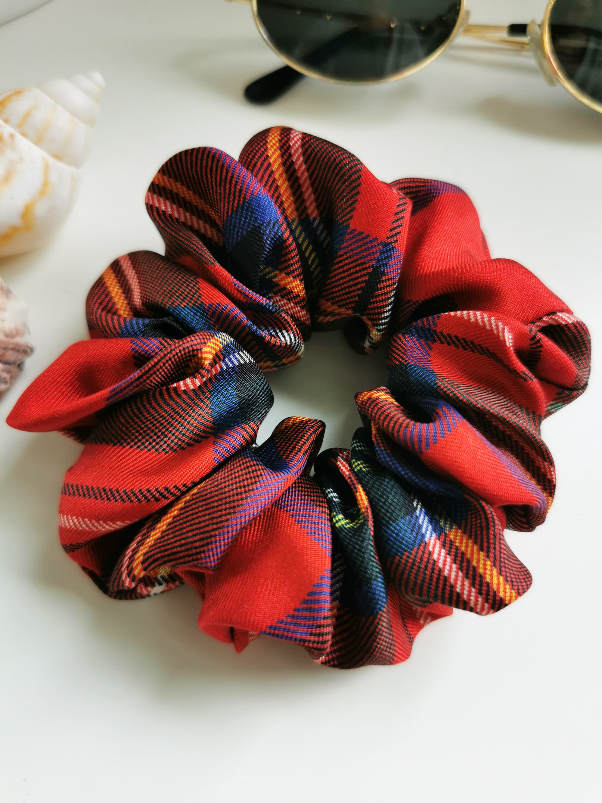 Handmade 90s style medium red Tartan plaid 100% SILK scrunchy