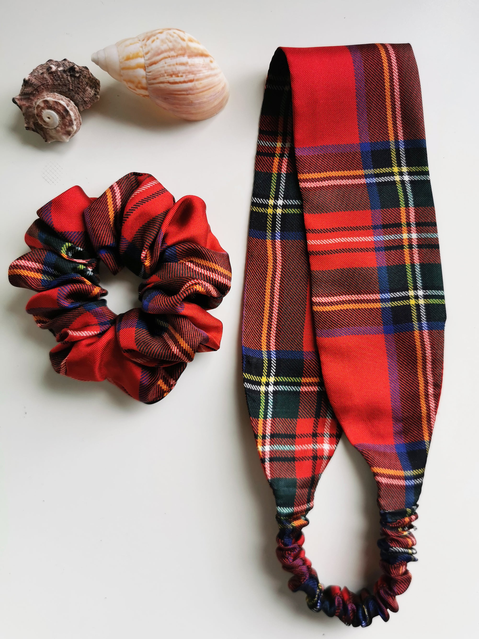 Handmade 2 pieces red Tartan hair Scrunchy & Headband set 100% silk