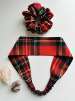 Load image into Gallery viewer, Handmade 2 pieces red Tartan hair Scrunchy &amp; Headband set 100% silk
