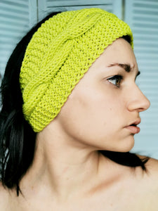 Merino wool handmade knitted winter headband in bright green