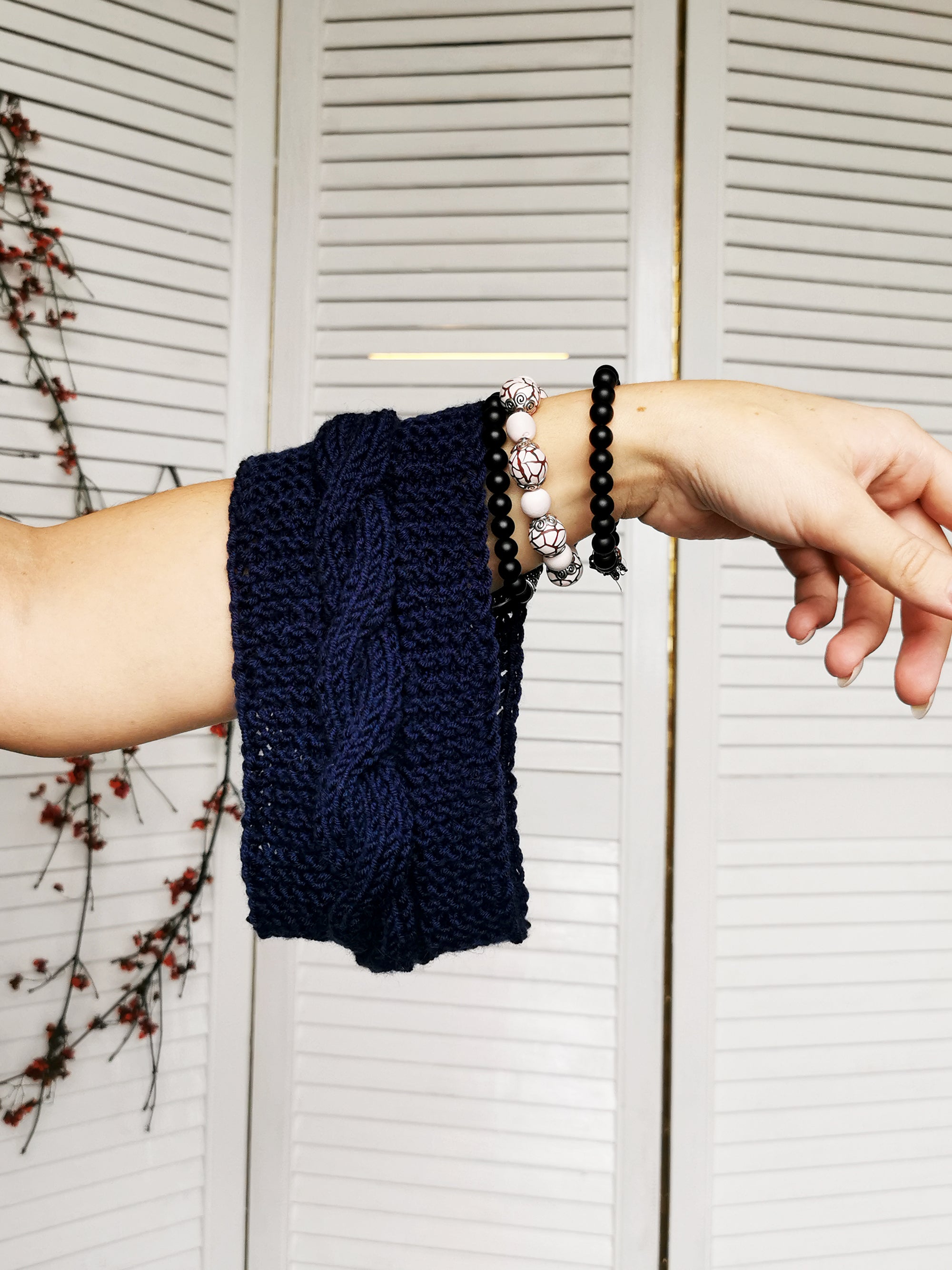 Merino wool handmade knitted winter headband in navy blue