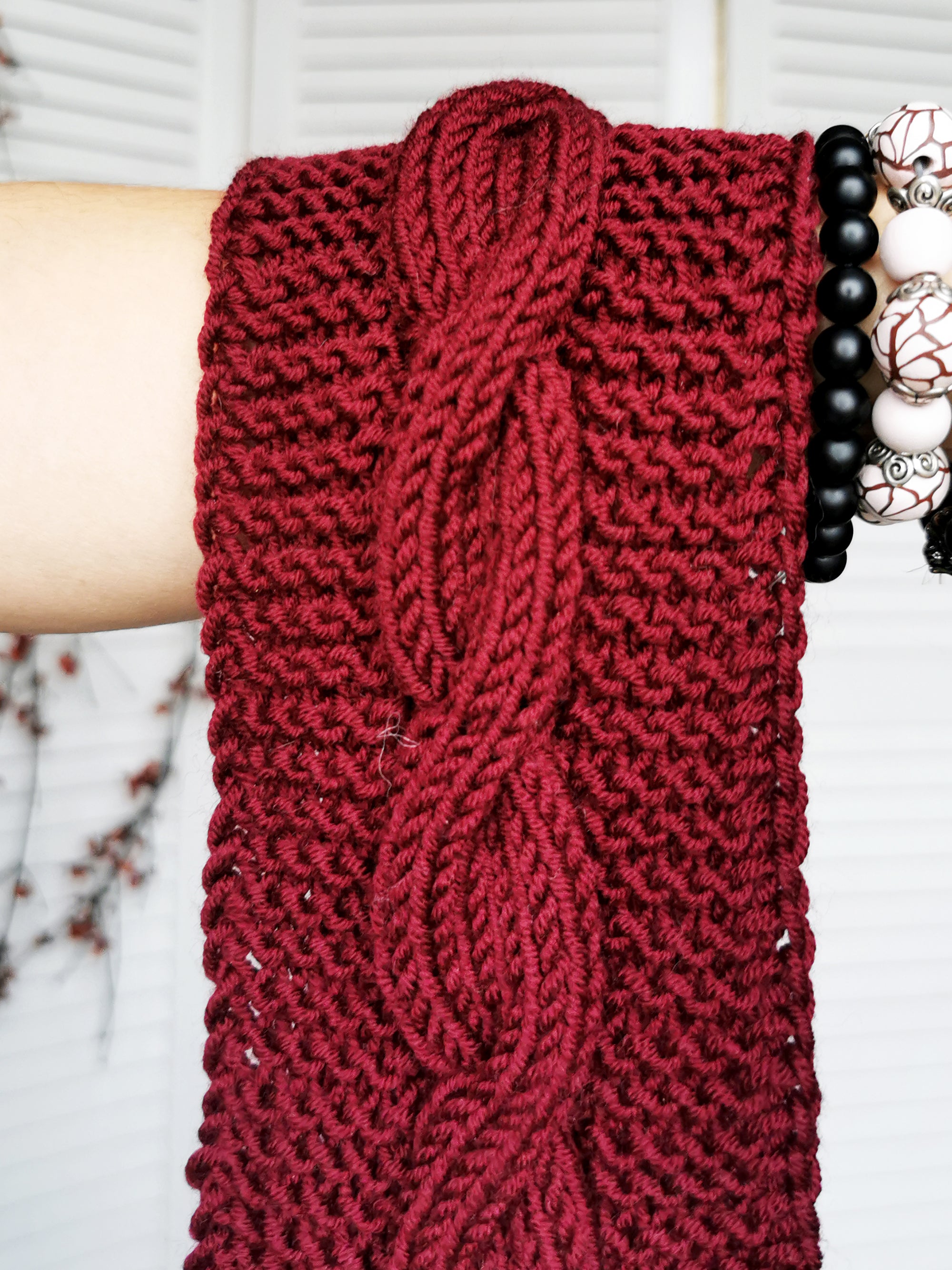 Merino wool handmade knitted winter headband in burgundy