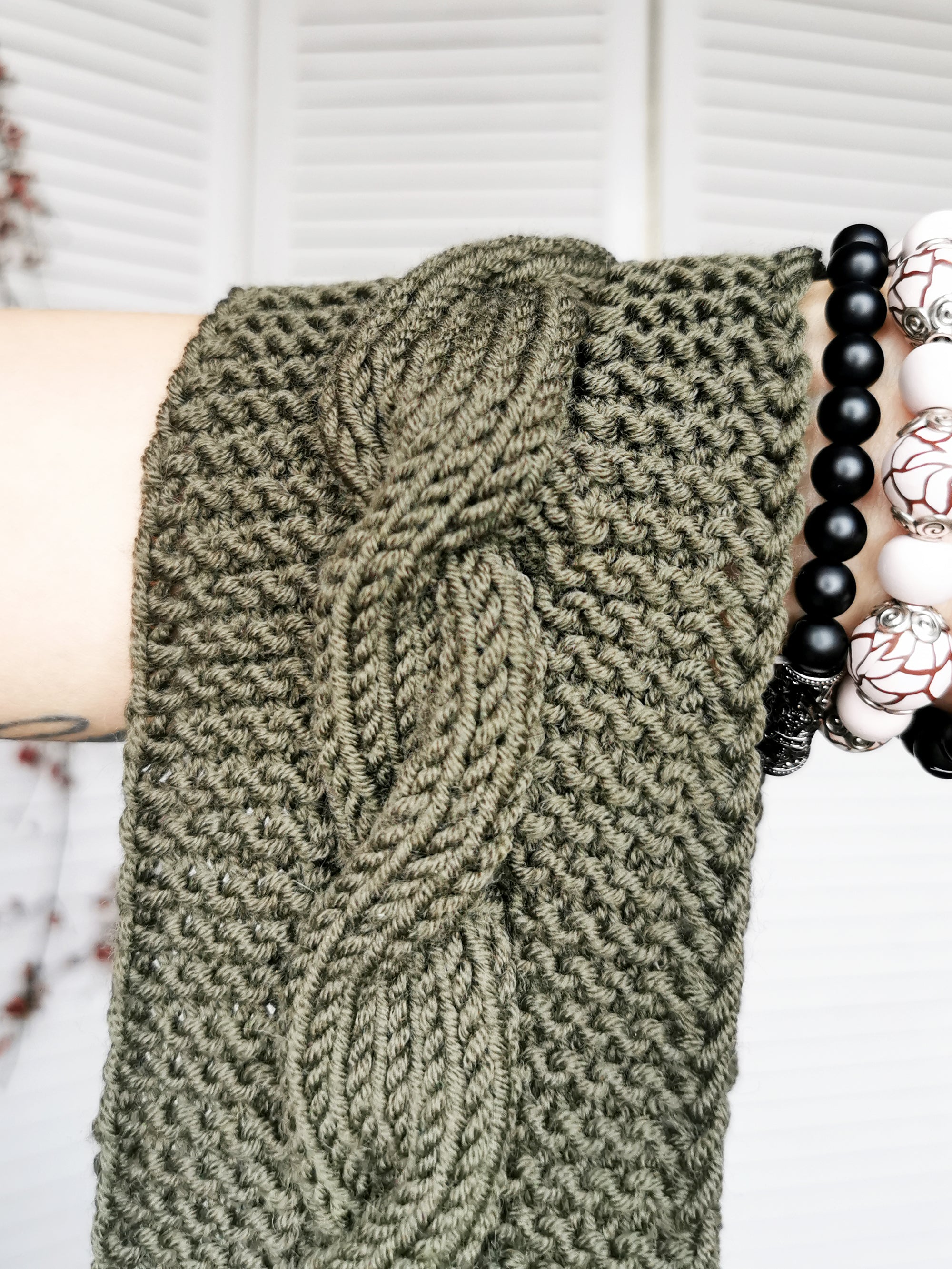 Merino wool handmade knitted winter headband in khaki green