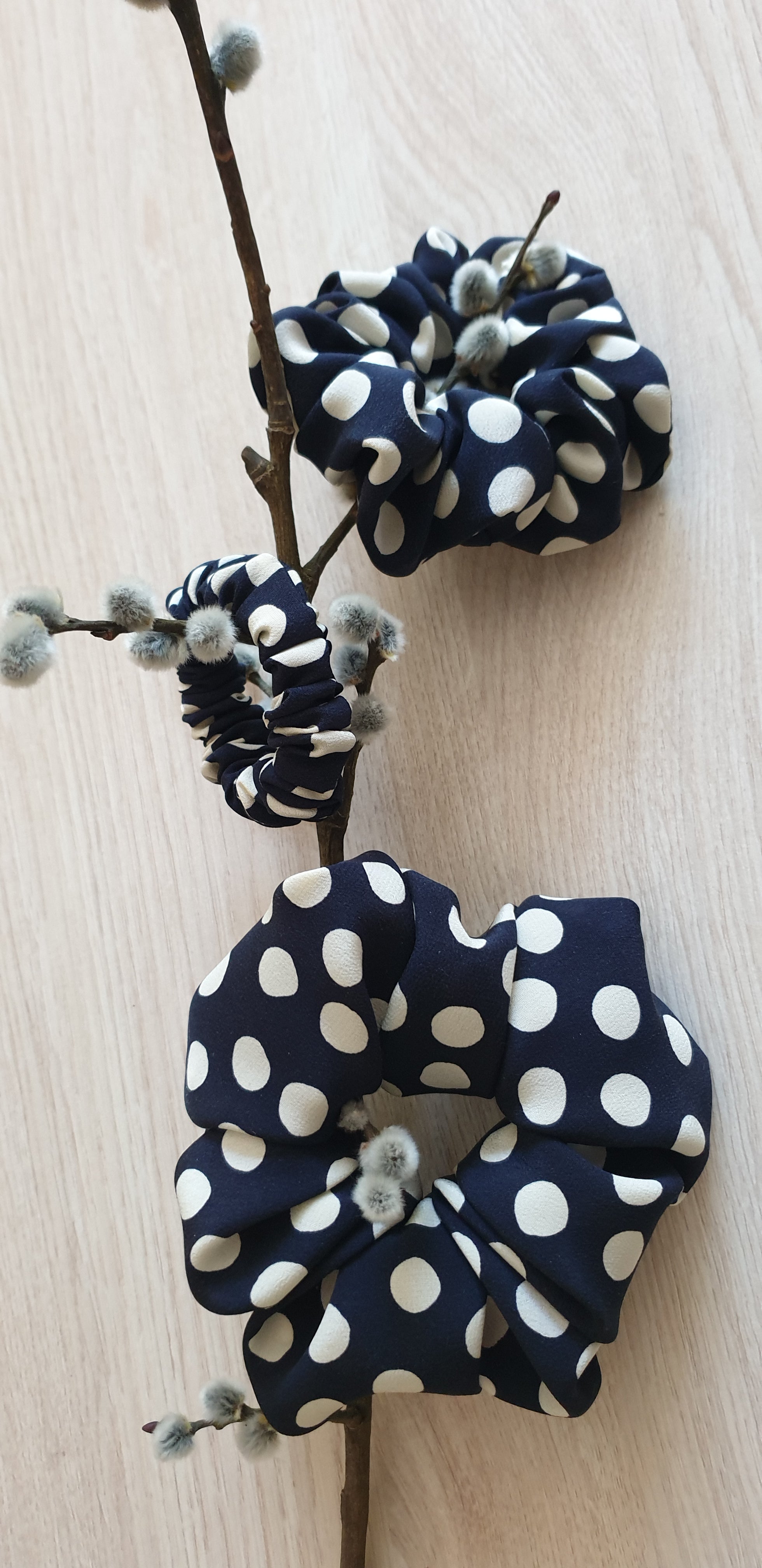 100% SILK Handmade BIG dark blue dot print hair scrunchy