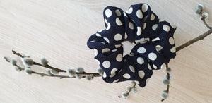 100% SILK Handmade BIG dark blue dot print hair scrunchy