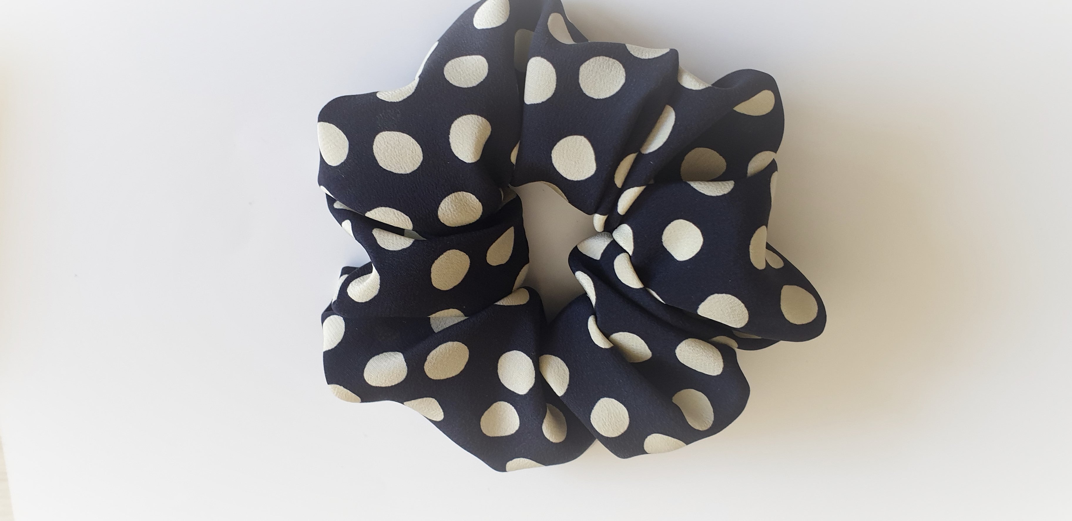 100% SILK Handmade BIG dark blue dot print hair scrunchy