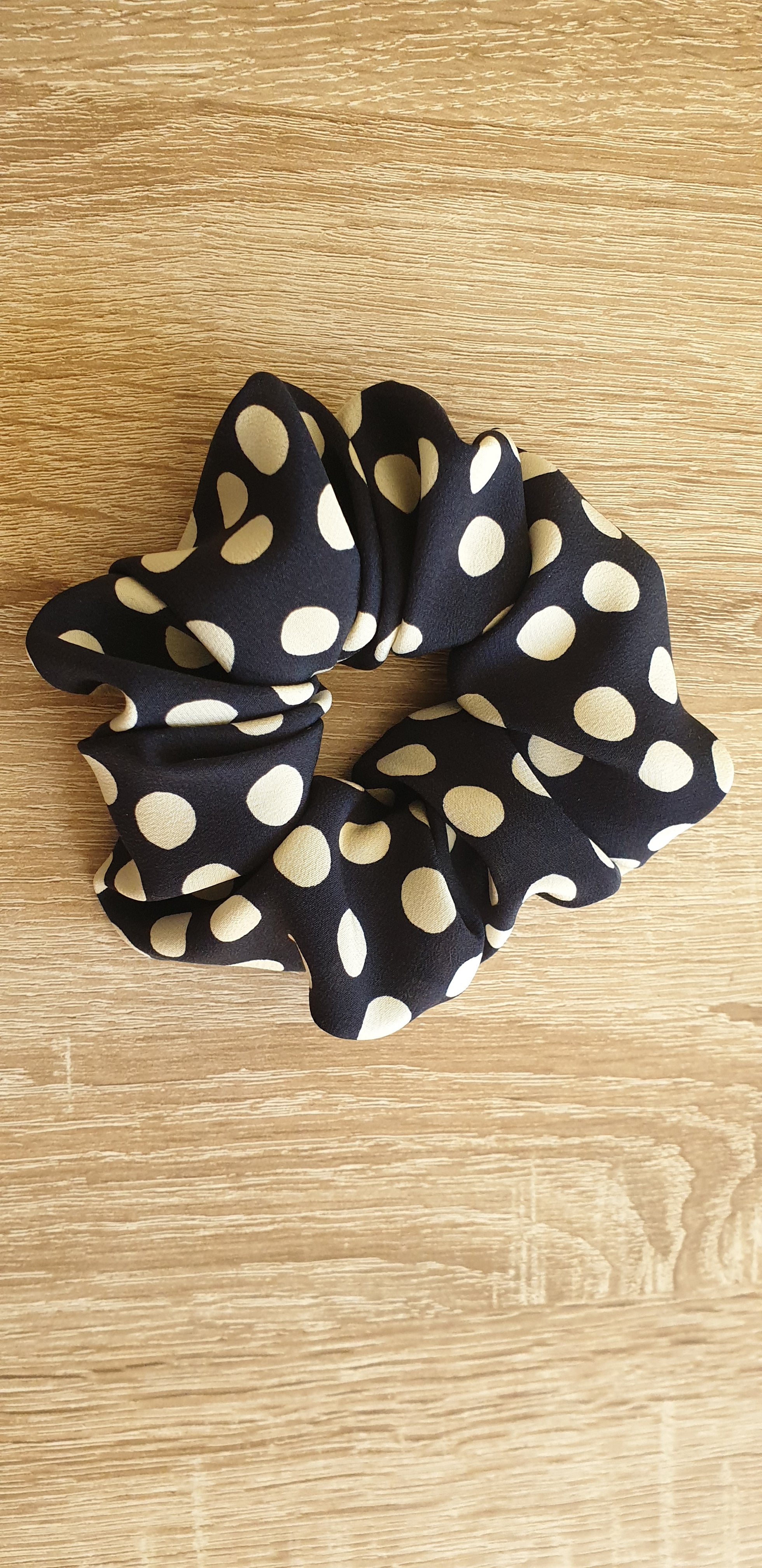 100% SILK Handmade BIG dark blue dot print hair scrunchy