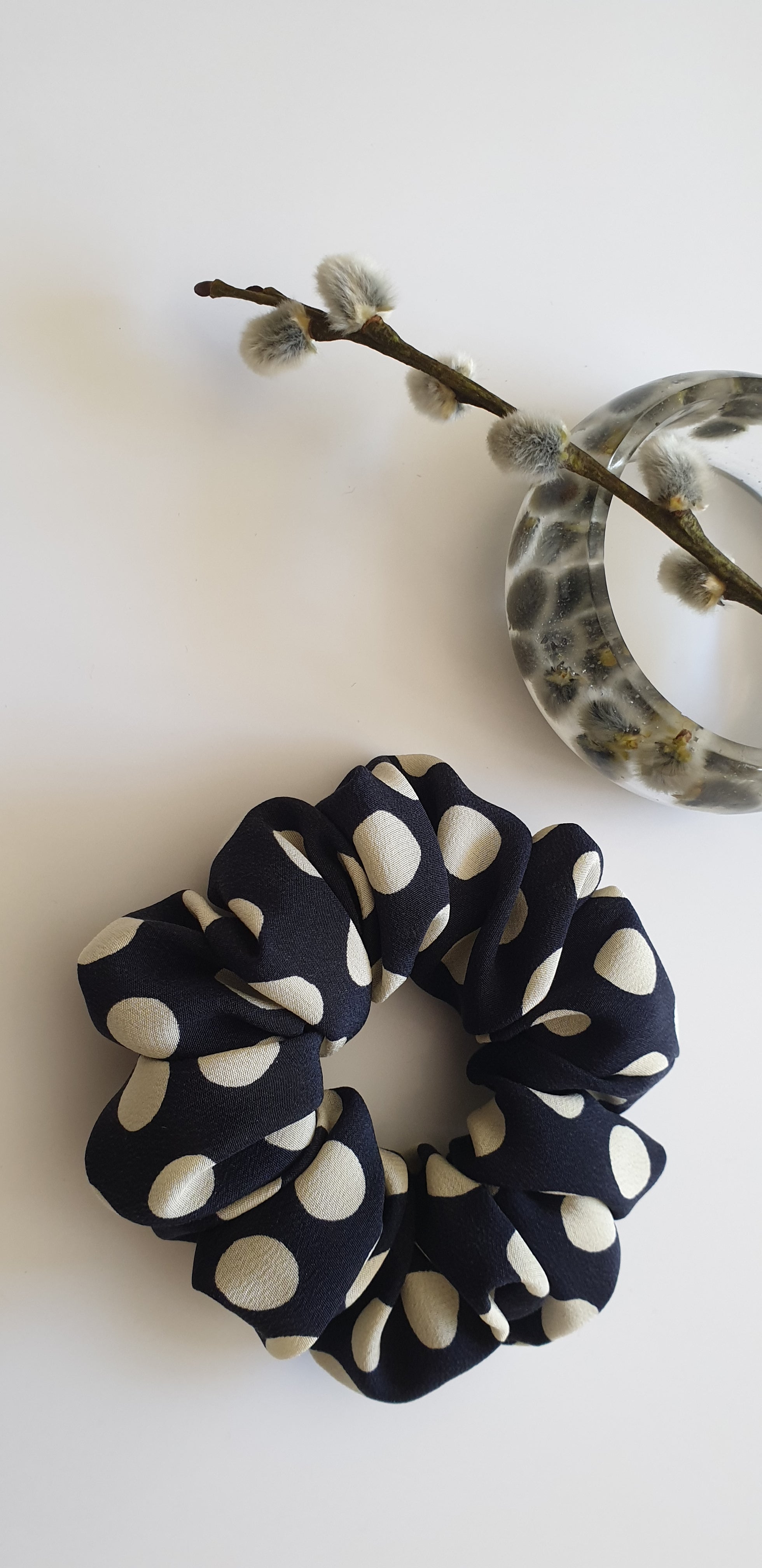 100% SILK Handmade dark blue dot print medium hair scrunchy