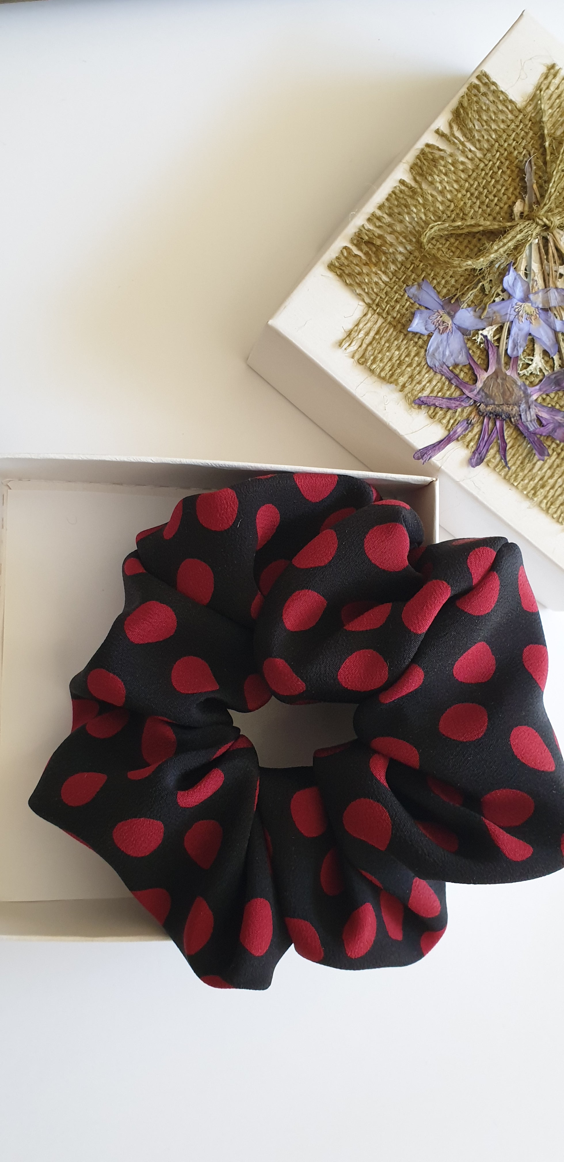 100% SILK Handmade BIG black/red dot print hair scrunchy