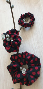 Load image into Gallery viewer, 100% SILK Handmade black /red dot print small hair scrunchy

