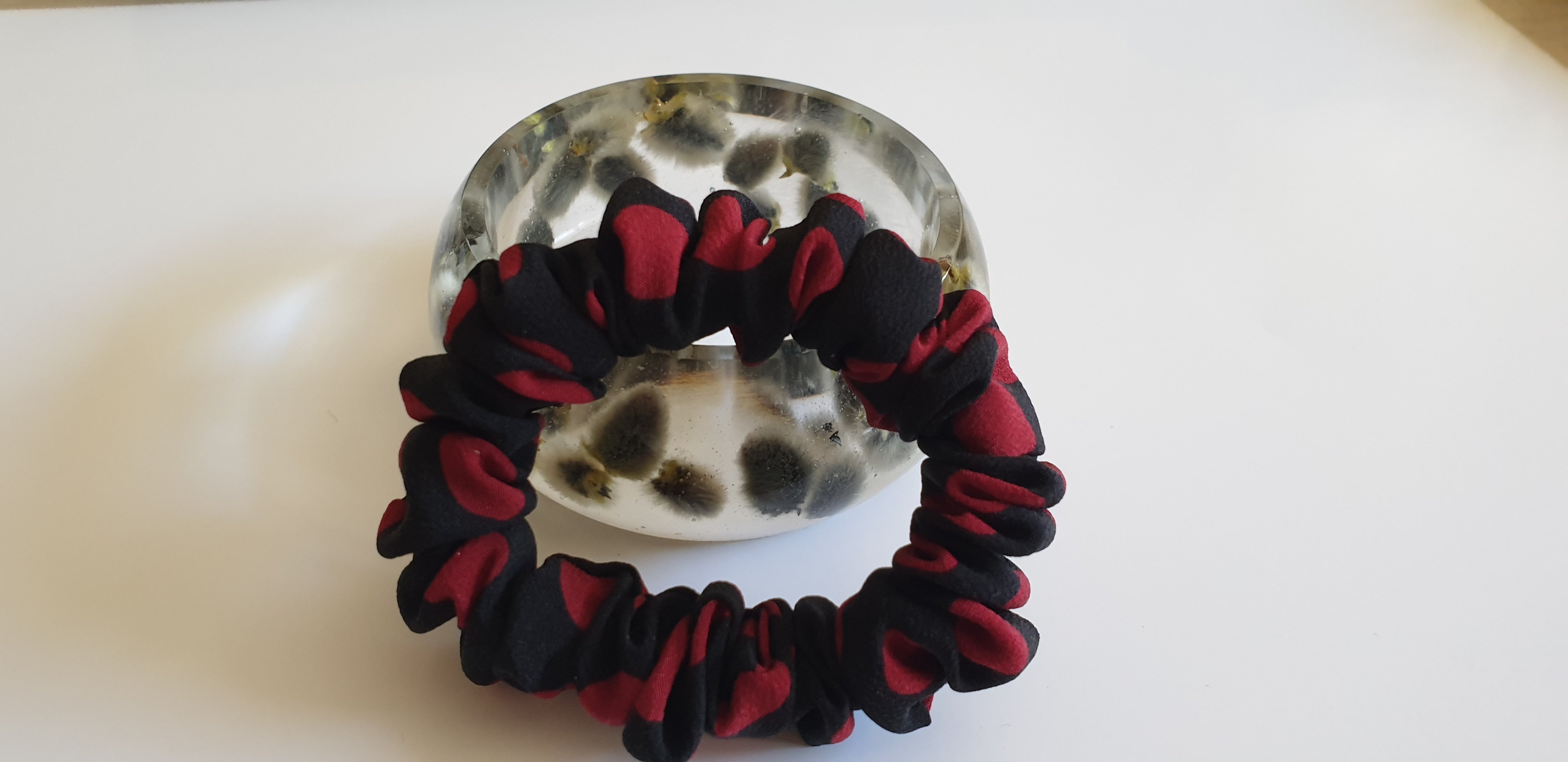 100% SILK Handmade black /red dot print small hair scrunchy