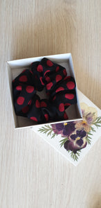 100% SILK Handmade black/red dot print medium hair scrunchy