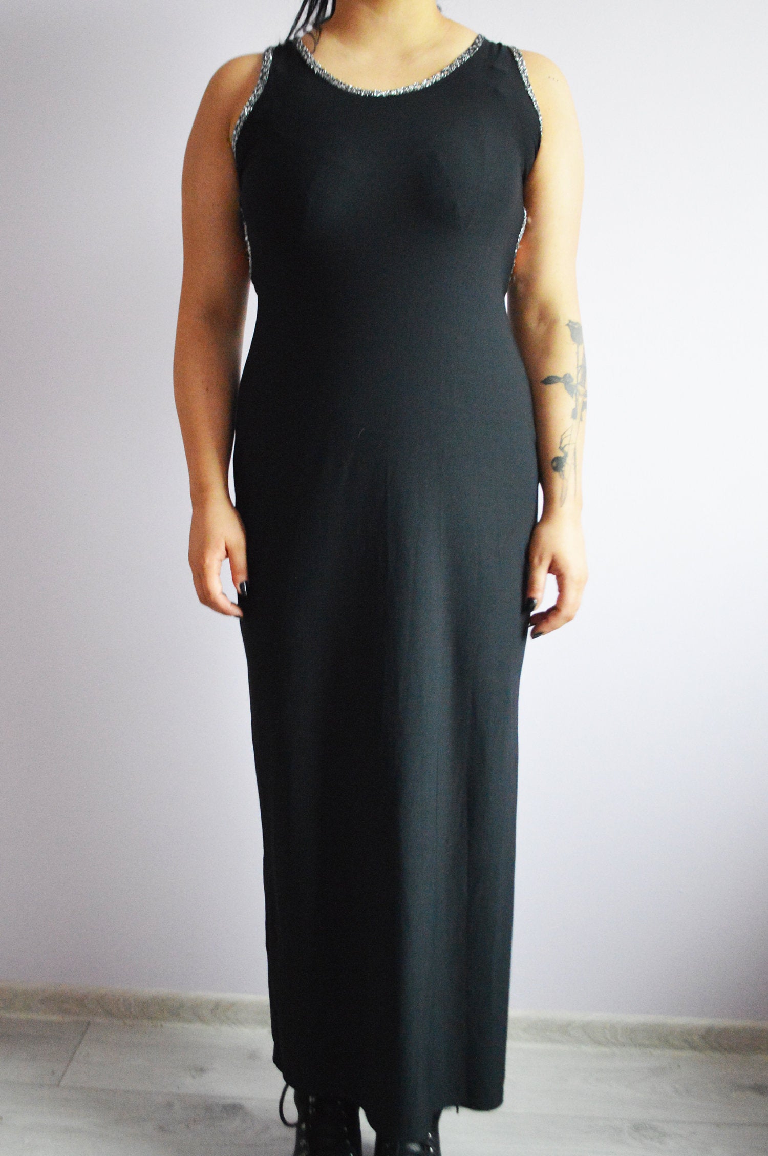 Vintage 90s grunge black silver detailed long stretch dress