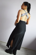 Load image into Gallery viewer, Vintage 90s grunge black silver detailed long stretch dress

