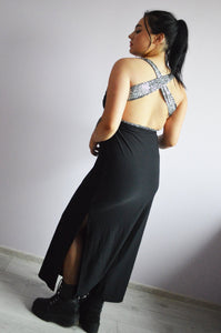 Vintage 90s grunge black silver detailed long stretch dress