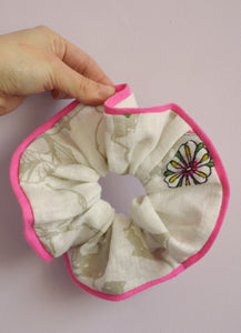 Handmade 100% linen floral beige hair scrunchy