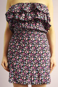 Vintage 90s ruffle front floral pattern mini off shoulder dress