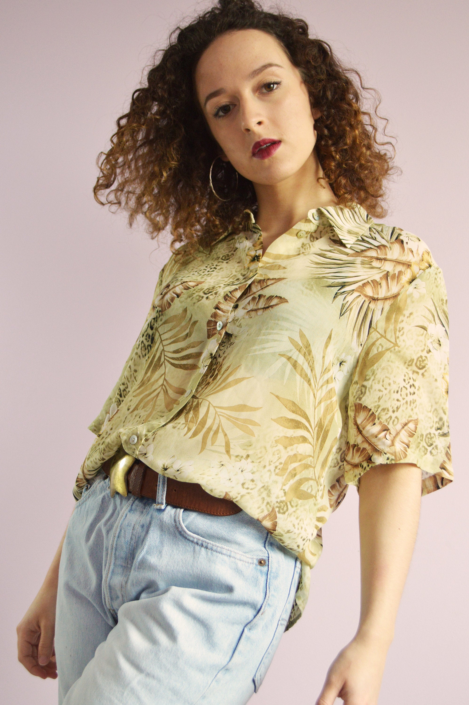 Vintage 80s tropical print see-through oversize blouse top