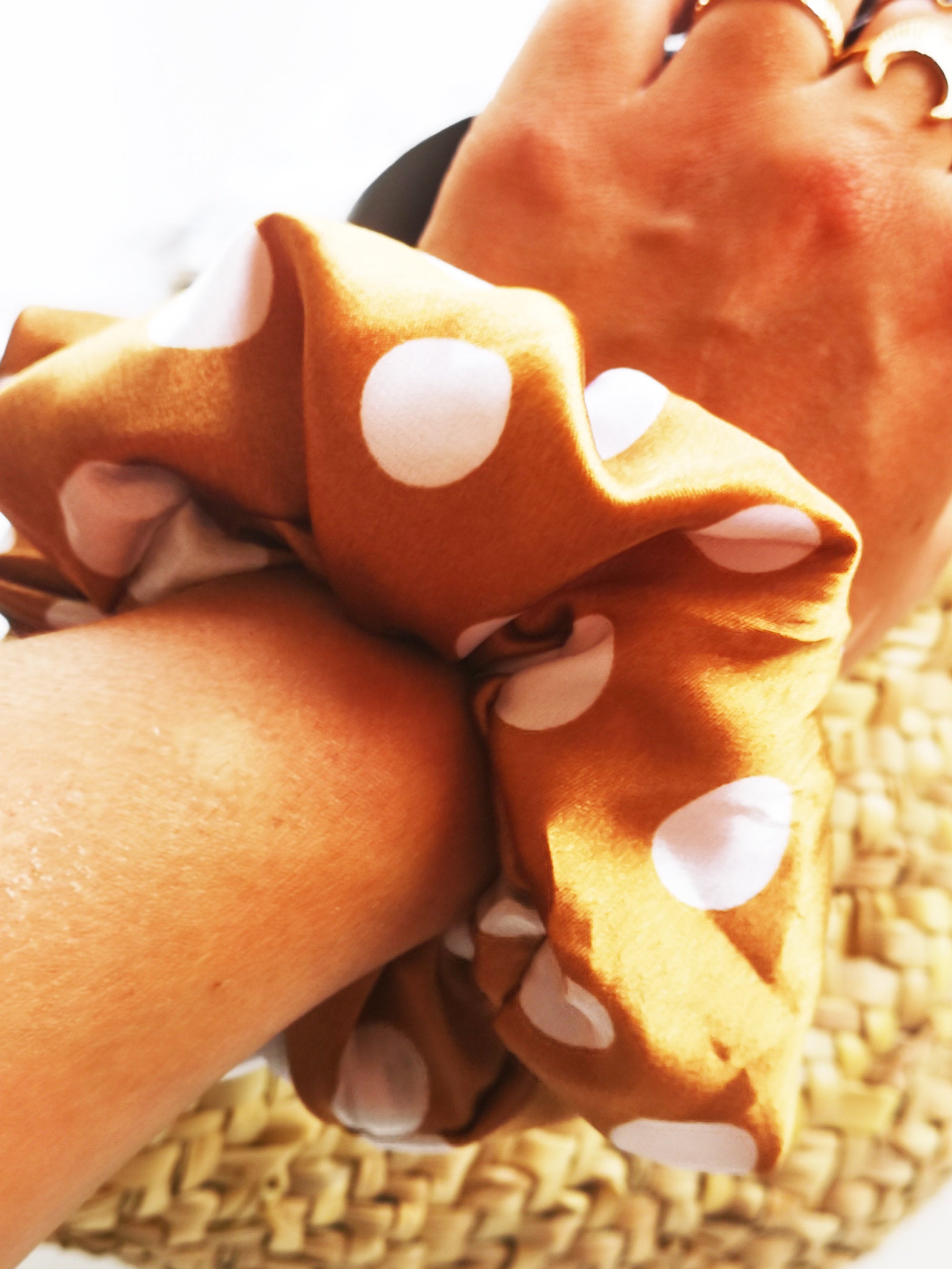 Handmade big bronze polka dot hair scrunchy