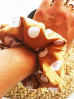 Load image into Gallery viewer, Handmade big bronze polka dot hair scrunchy
