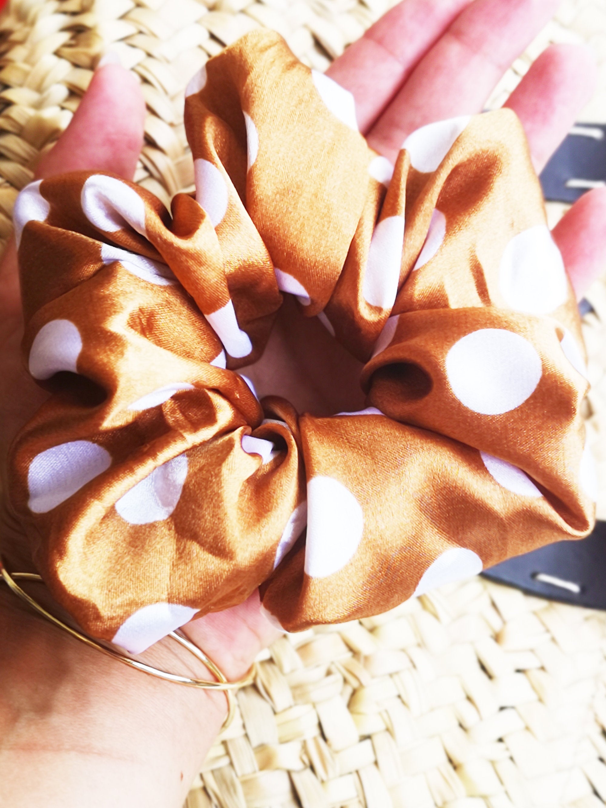 Handmade big bronze polka dot hair scrunchy