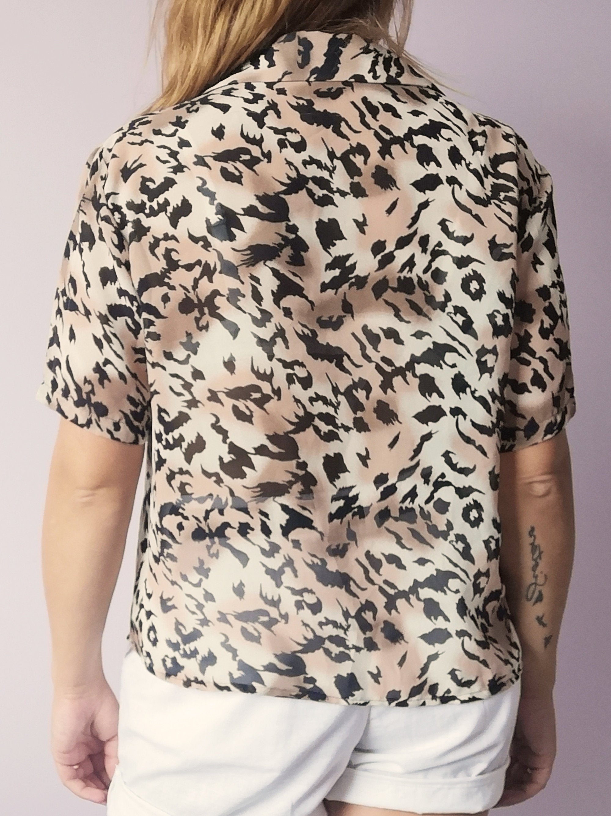 Vintage 80s animal print sheer blouse shirt top