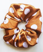 Load image into Gallery viewer, Handmade big bronze polka dot hair scrunchy
