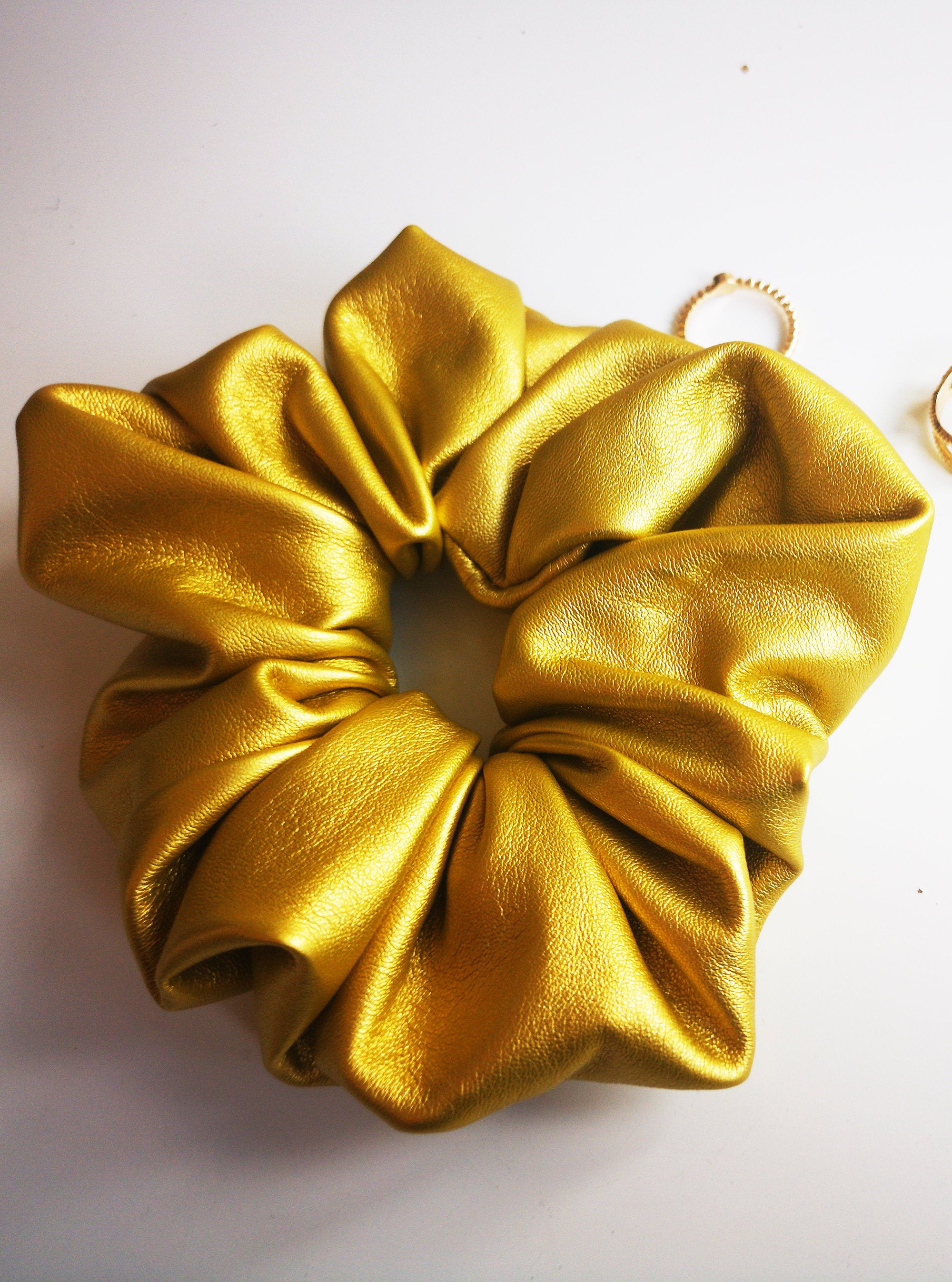 Handmade faux leather big gold hair ponytail scrunchy