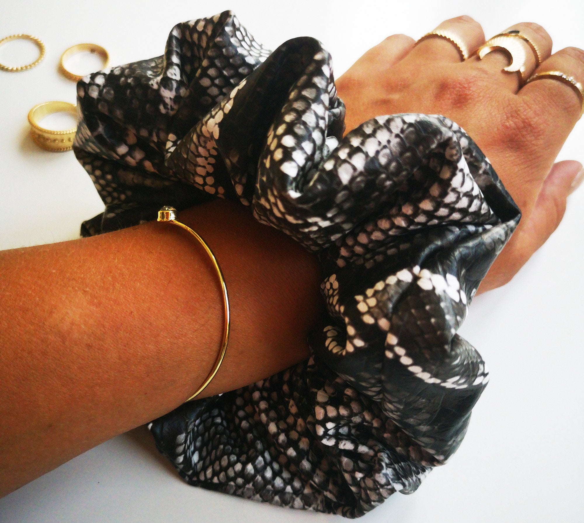 Handmade faux leather snake print hair scrunchy