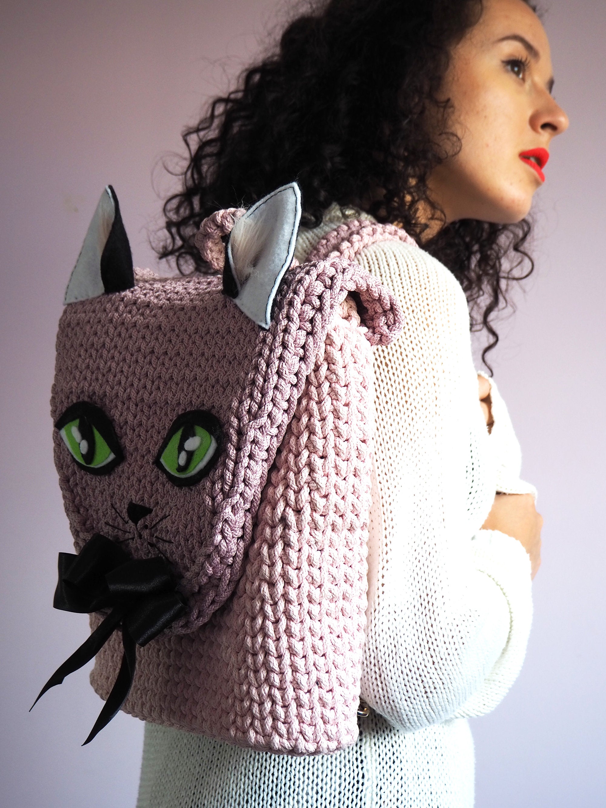 Handmade rope crochet Cat face backpack