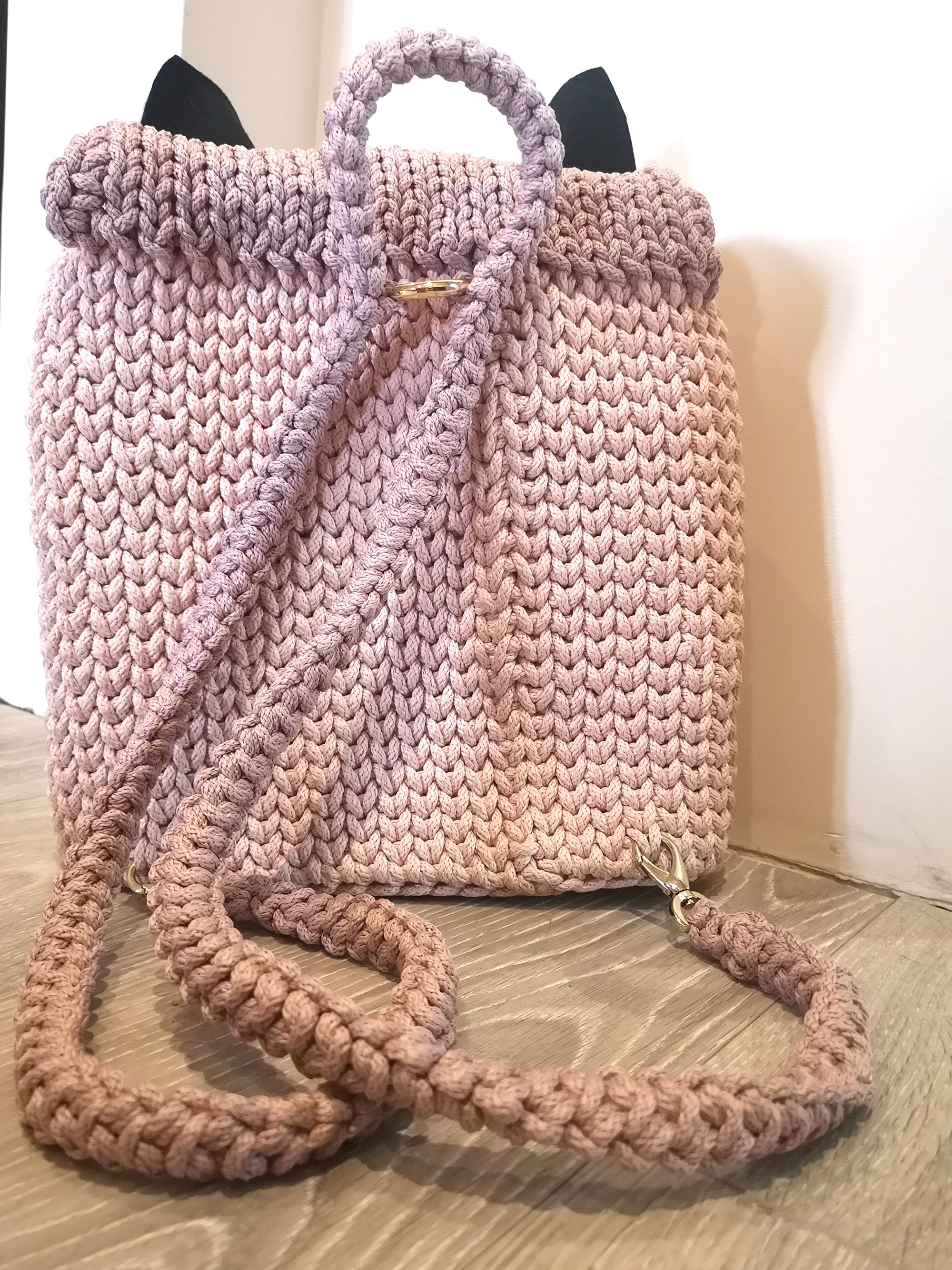 Handmade rope crochet Cat face backpack