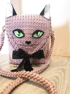 Handmade rope crochet Cat face cross body bag