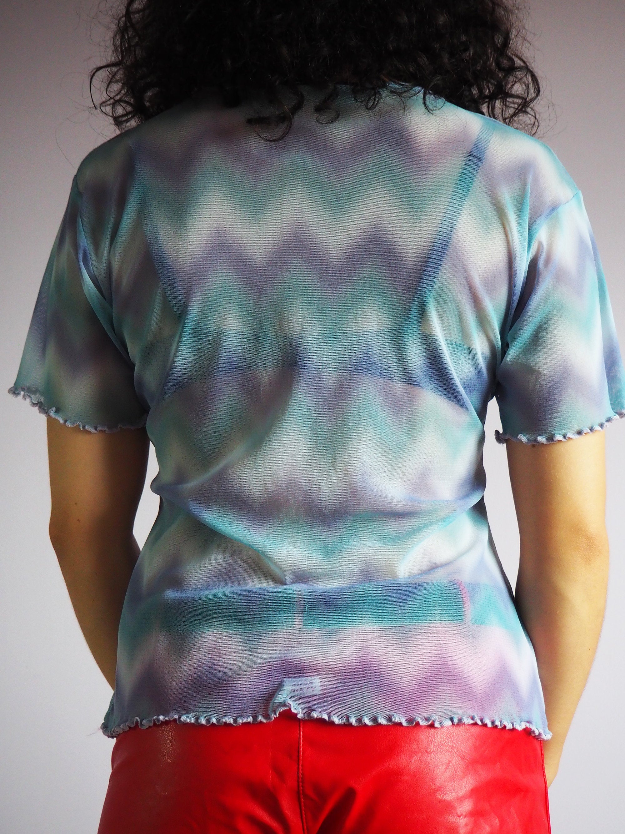 Vintage 90s  minimalist blue mesh transparent top blouse