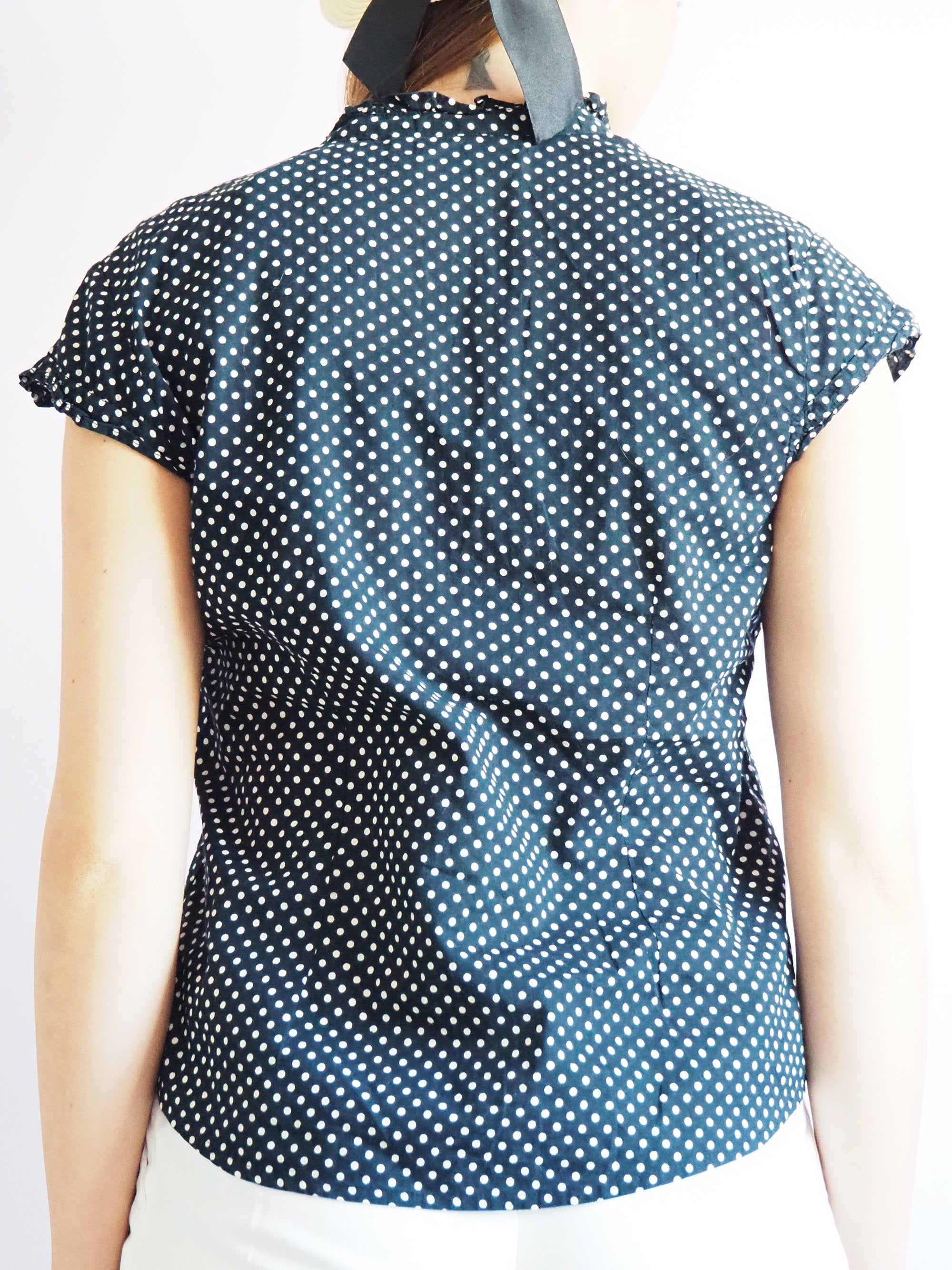 Vintage 80s polka dot print buttoned black blouse shirt top