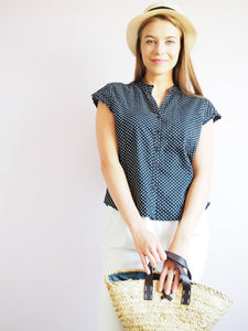 Vintage 80s polka dot print buttoned black blouse shirt top