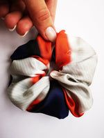 Load image into Gallery viewer, Handmade silver orange 100% SILK hair ponytail scrunchy
