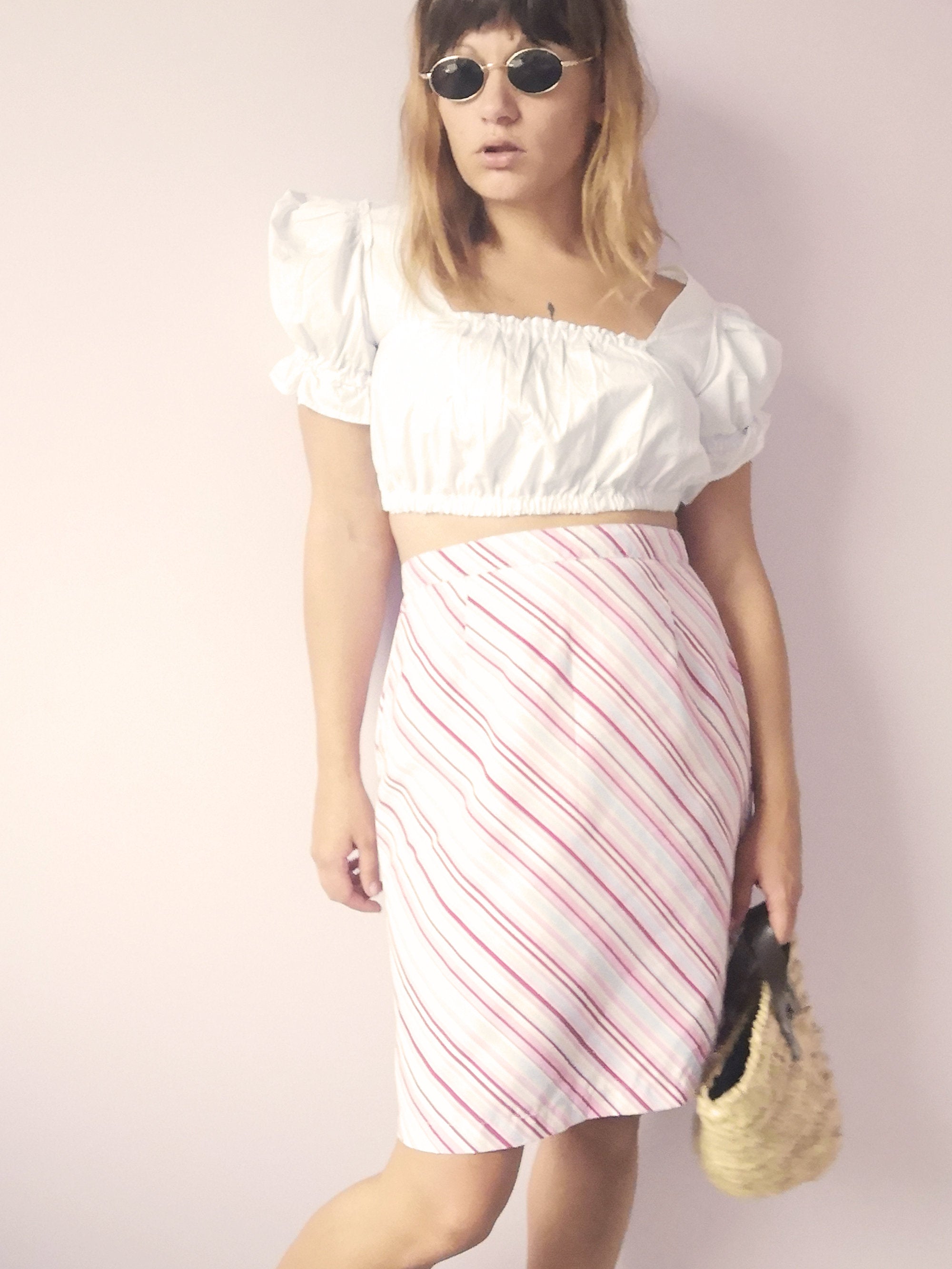 Vintage 90s minimalist striped colorful midi skirt