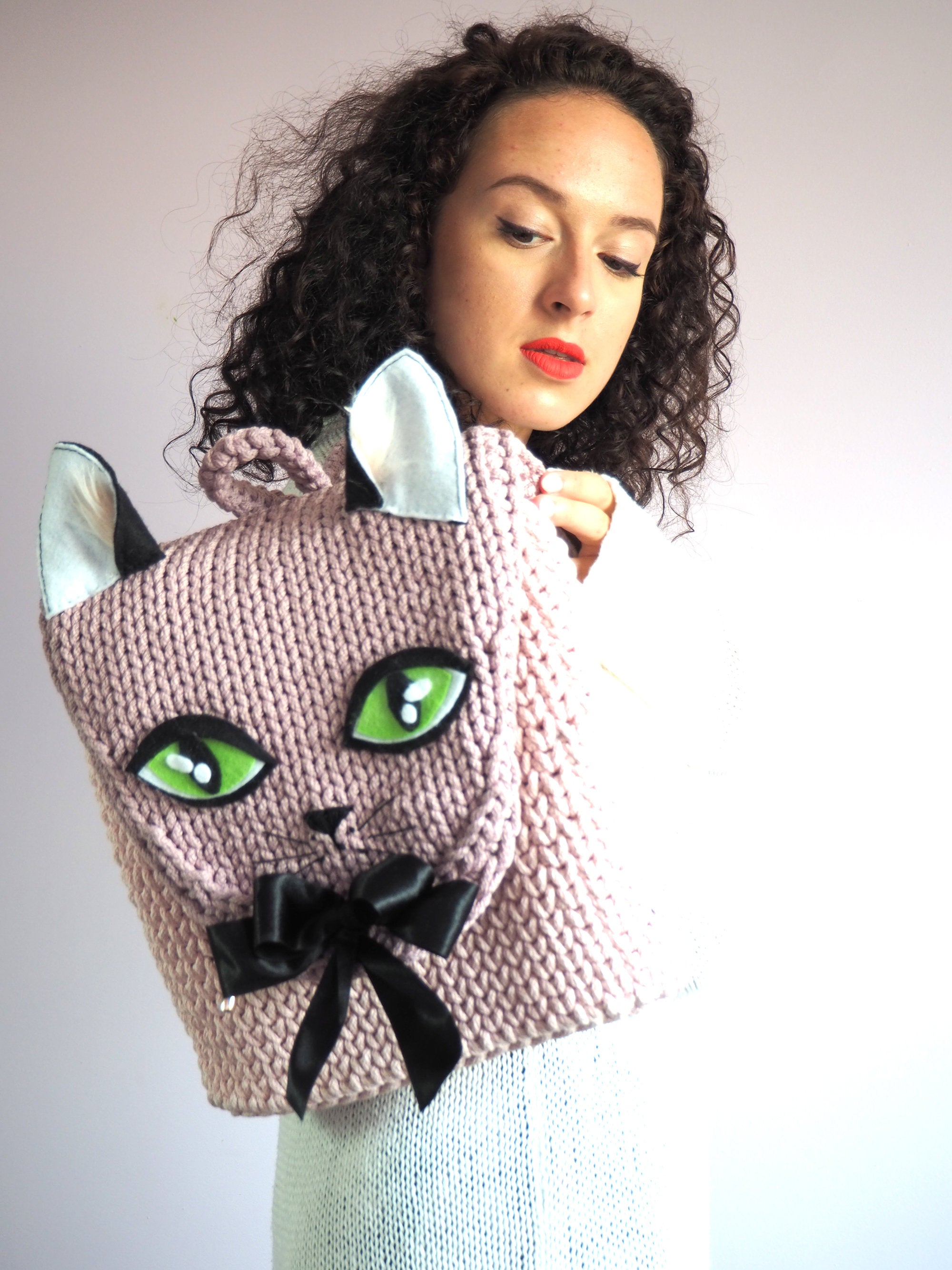 Handmade rope crochet Cat face backpack