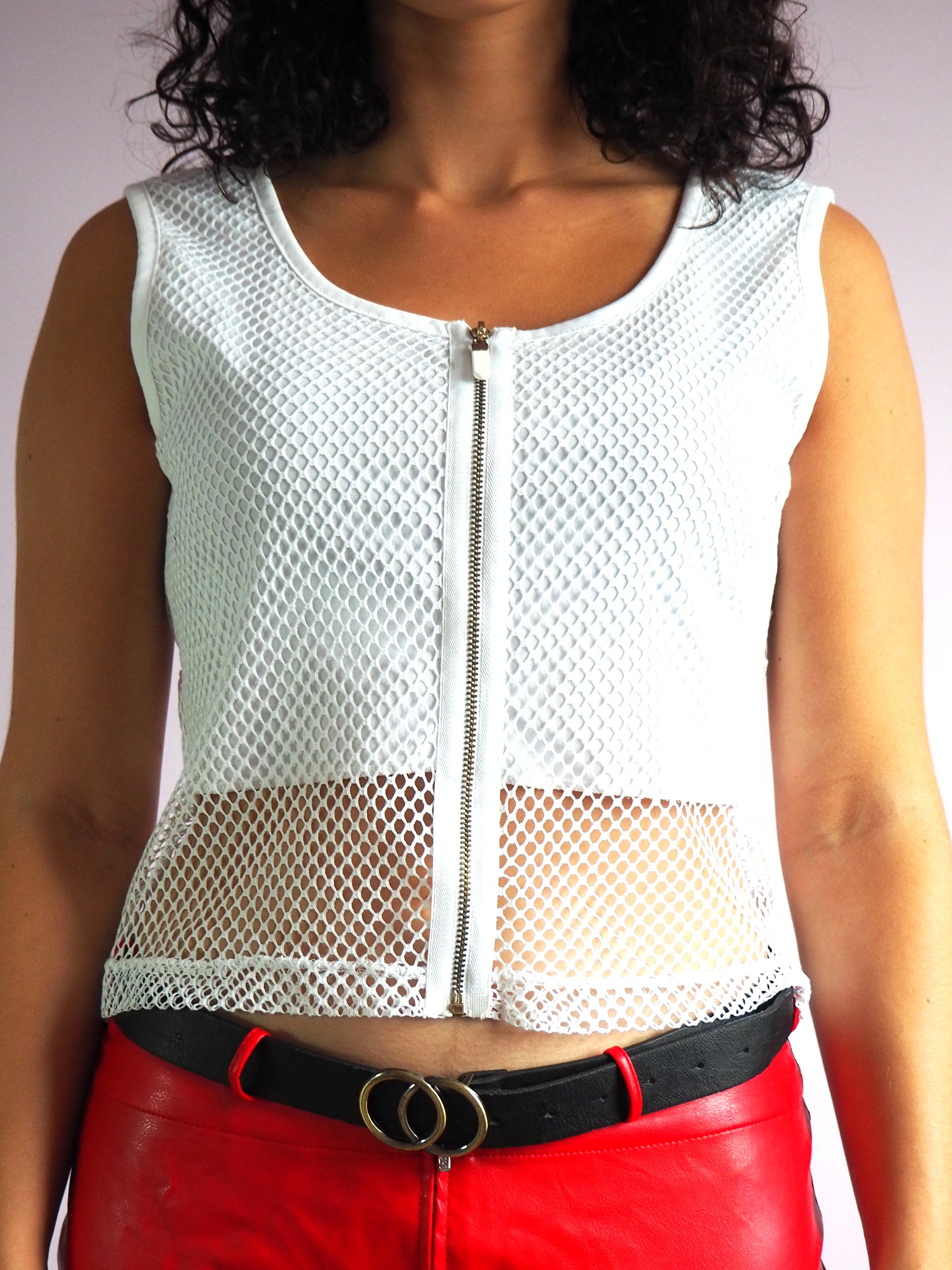 Vintage Y2K front zipped fishnet crop top in white