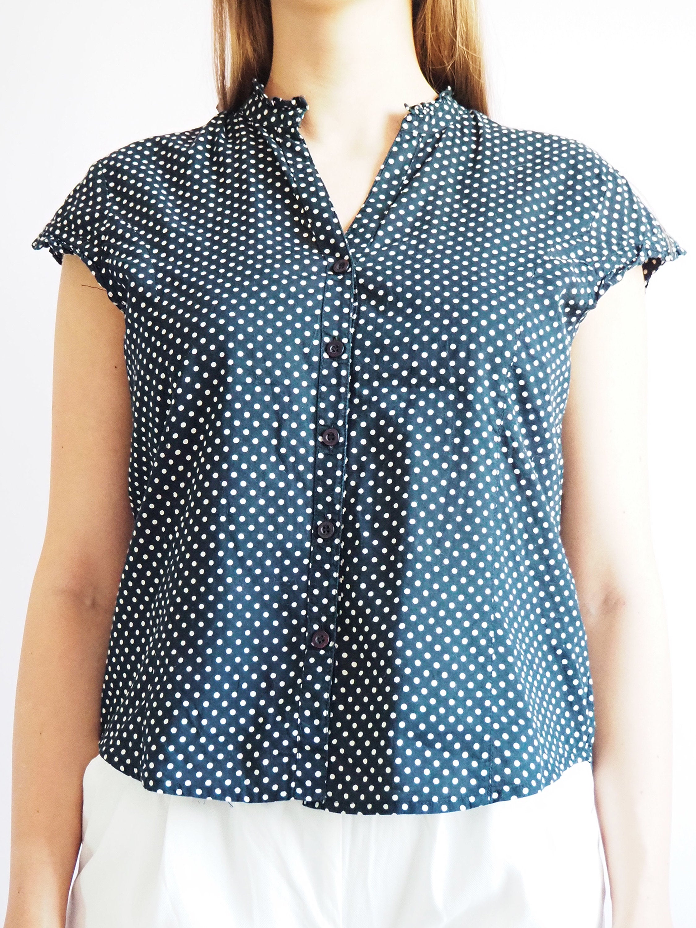 Vintage 80s polka dot print buttoned black blouse shirt top