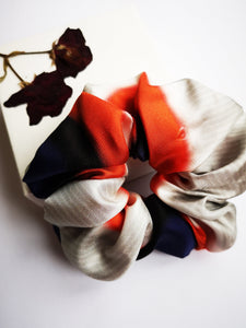 Handmade silver orange 100% SILK hair ponytail scrunchy