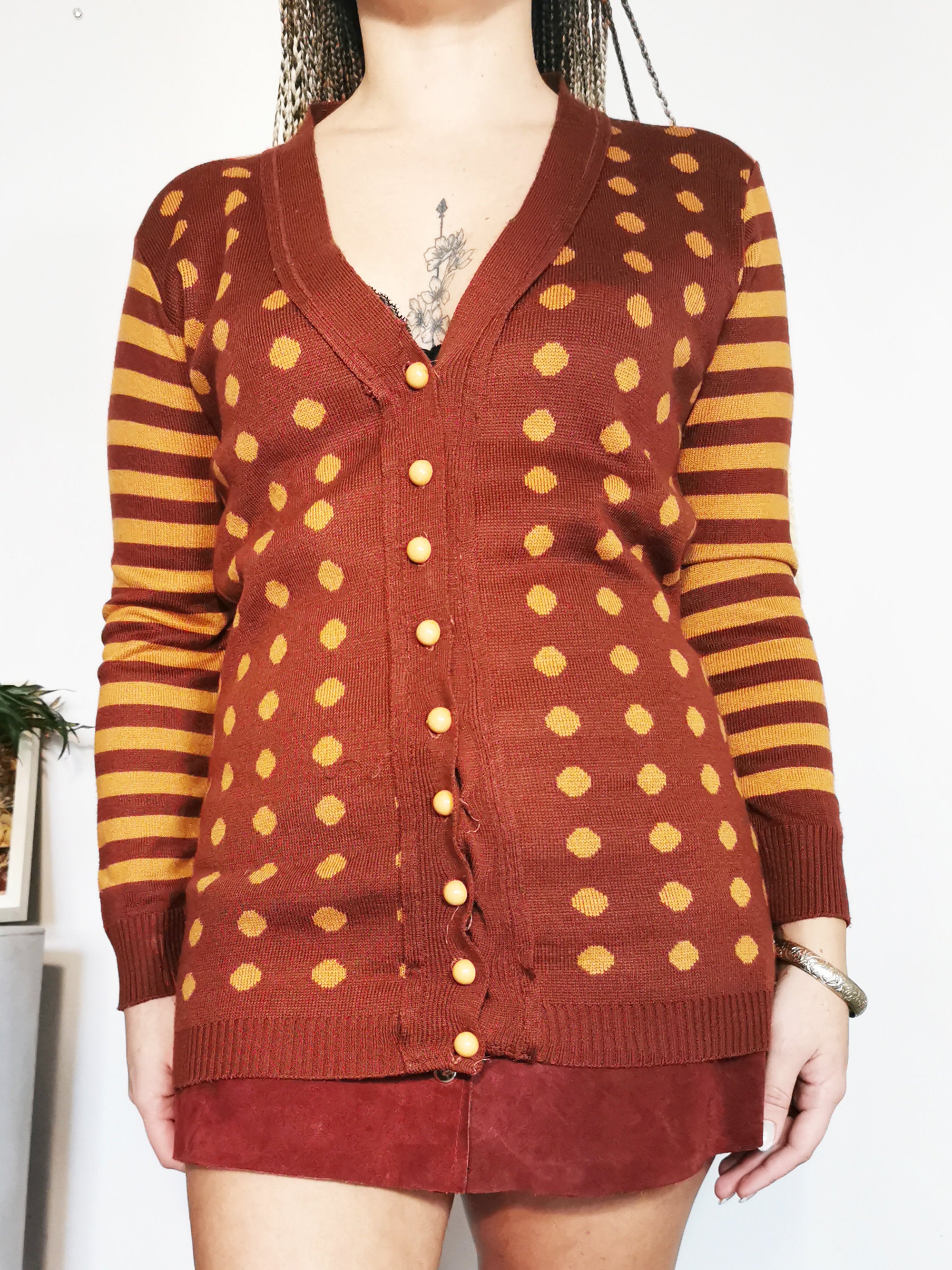 Vintage 70s MOD polka dot long cardigan sweater top