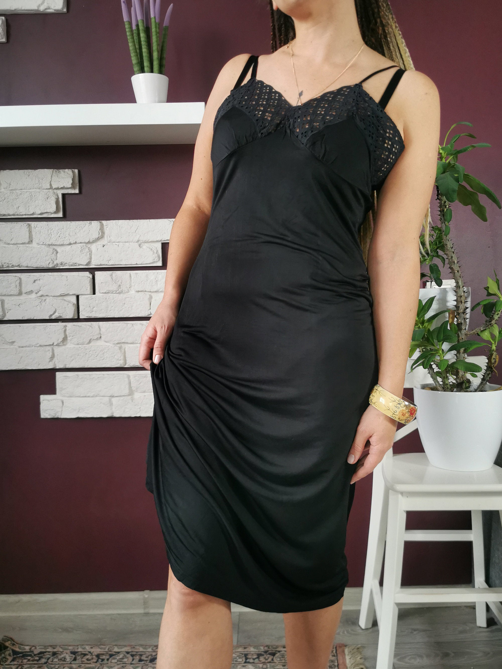 Vintage 80s minimalist underwear midi black slip dress
